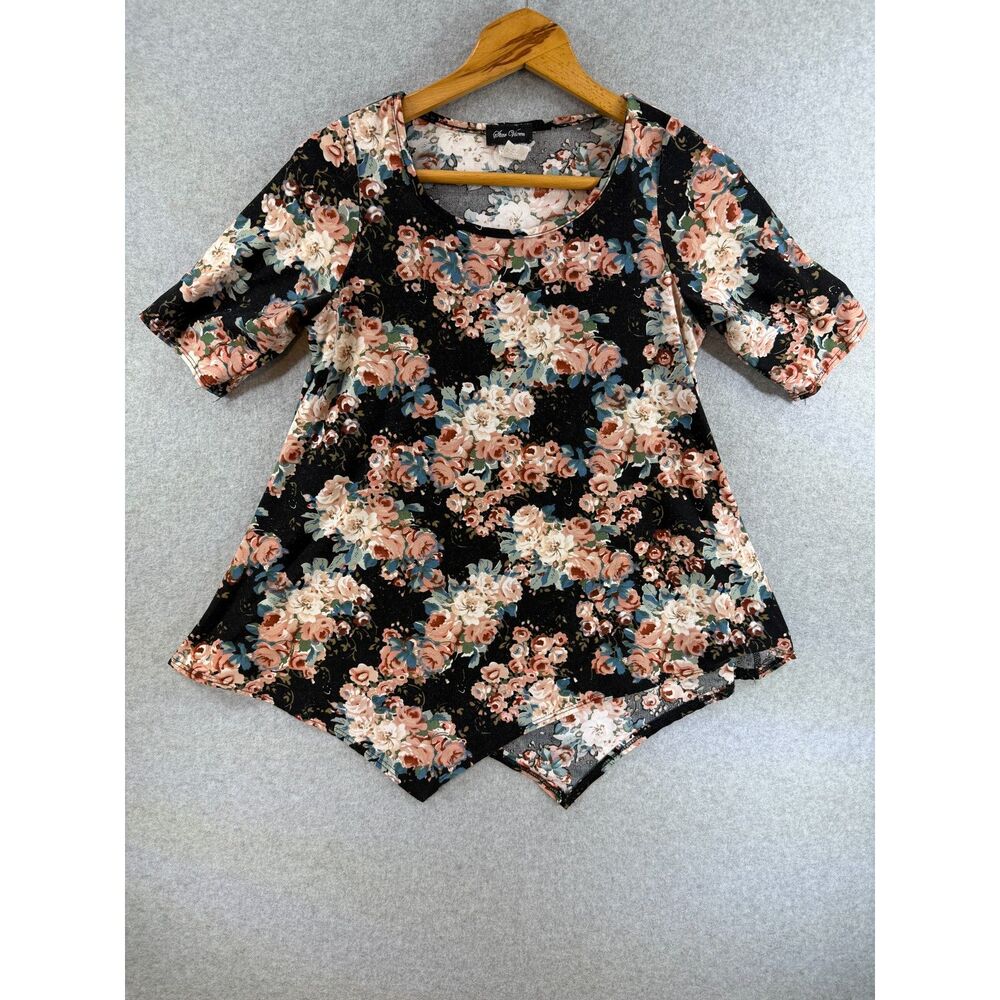 Star Vixen Women’s Medium Black Floral Handkerchief Hem Tunic Top 3354